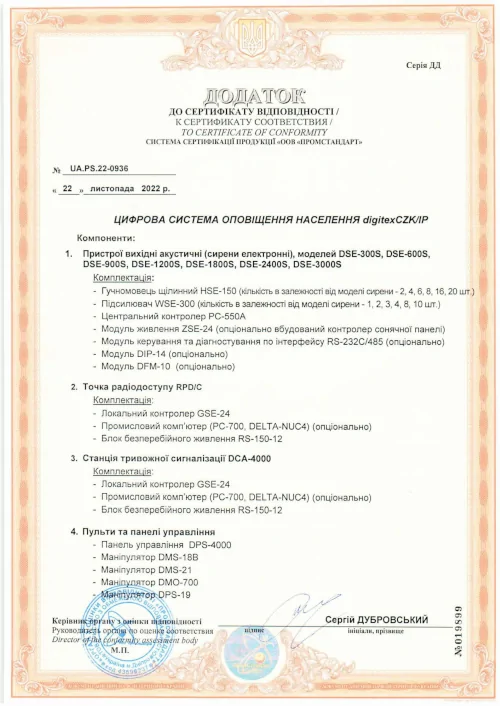Сертифікат відповідності електронних сирен DSE. Додаток